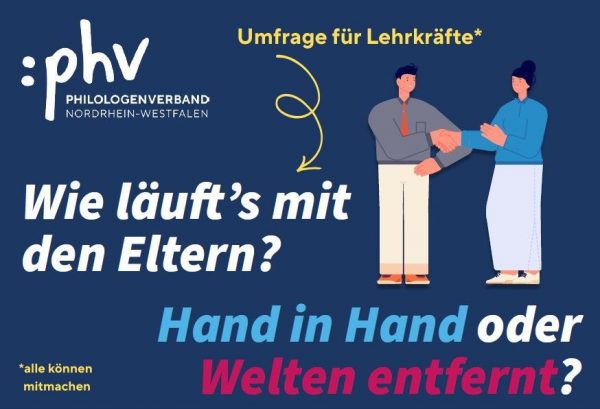 Grafik auf blauem Hintergrund. Zwei Comic-Personen schütteln sich die Hand. Daneben steht: Wie läuft es mit dem Eltern? Hand in Hand oder Welten entfernt?